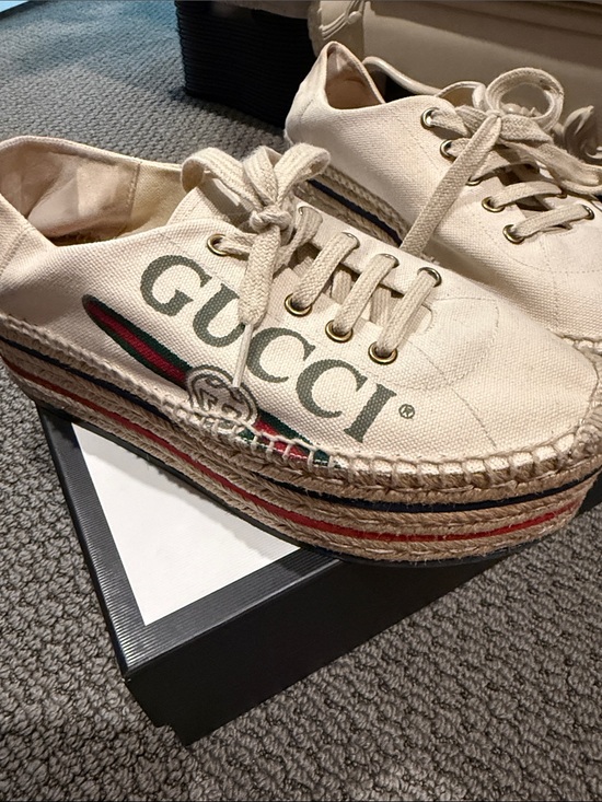 Gucci Shoes - Gucci Cream Canvas Platform Espadrilles with Red & Green Stripe